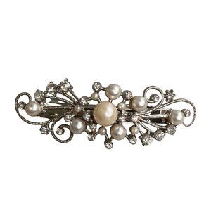 Rhinestone Faux Pearl Hair Clip Jewelry Silver Tone Sparkly Wedding Prom
